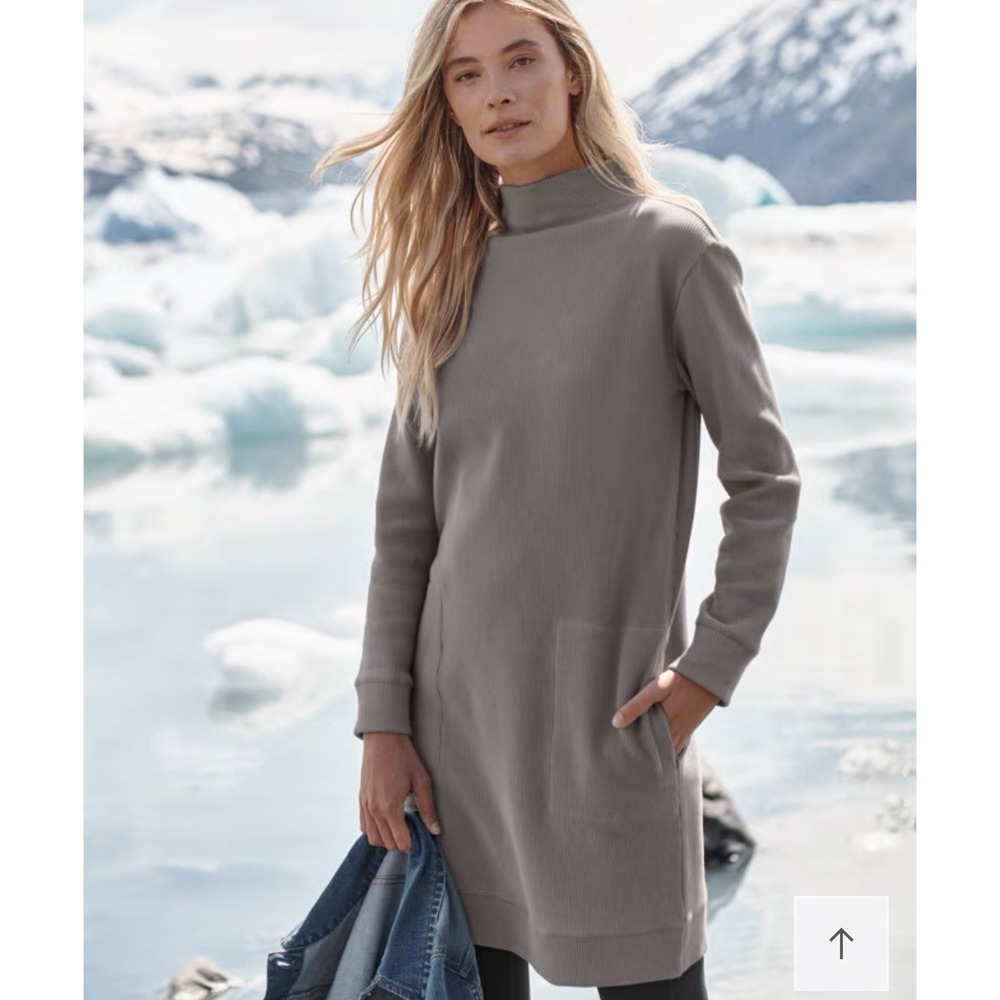 Garnet Hill Organic Cotton S Gray Long Sleeve Mock Neck Shift Dress Minimalist